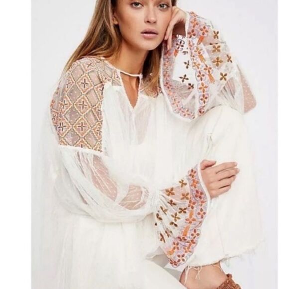 Free People White Embroidered Lace Joyride Blouse Top S - Picture 2 of 10